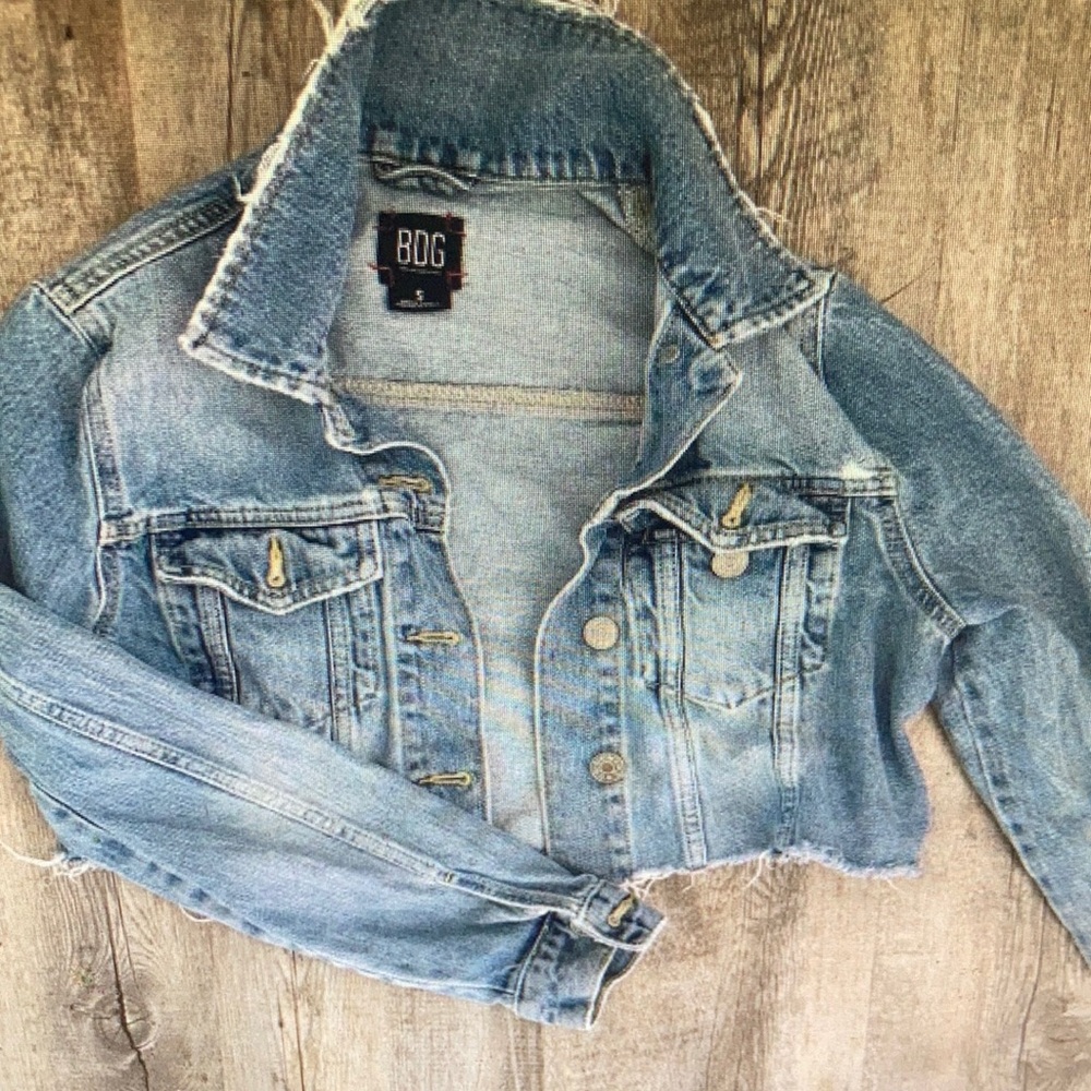 Urban Outfitters Light Blue Cropped Denim Jacket with Frayed Hem